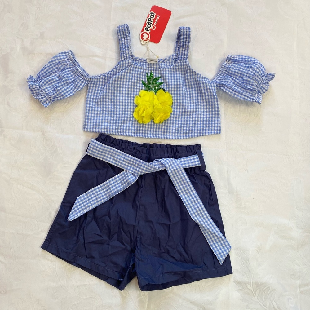 Girls Blouse One Line Shoulder Suspender Bubble Plaid Top and High-waist Short